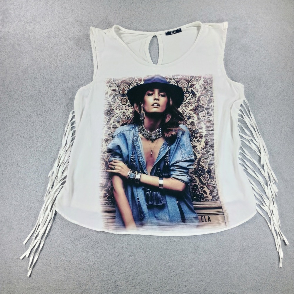 ELA‎ Women Graphic Tank Top White One Size Fringe Rhinestone Boho Blouse